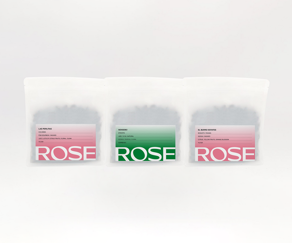 Three Rose coffee bags for the Rise With Rose subscription