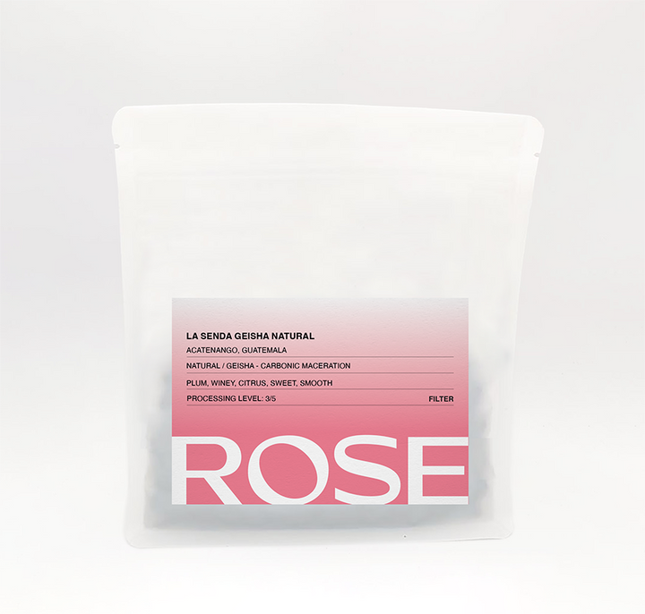 Rose La Senda Natural Anaerobic Geisha coffee bag with pink label